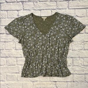 Lucky Brand Green Floral Boho Blouse V Neck Short Sleeve Top Size Medium Large